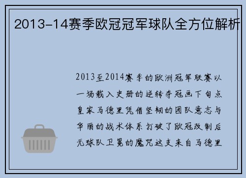 2013-14赛季欧冠冠军球队全方位解析